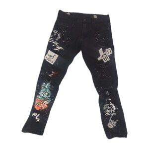 Smoke Rise Thrashed Black Distressed Graffiti Grunge Skinny Jeans Men's Sz 32X31